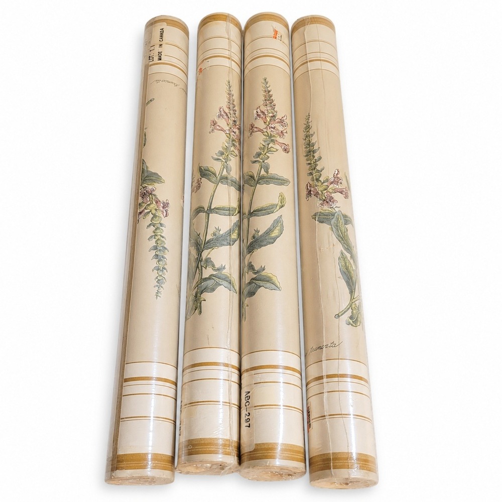 Vintage 1980s Botanical Wallpaper 4 Rolls 18" Floral Herbarium Cream Gold Canada